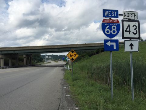 2017-07-23 17 08 48 View north along West Virginia State Route 43 (Mon Fayette Expressway) at Interstate 68 in Cheat Lake, Monongalia County, West Virginia.jpg